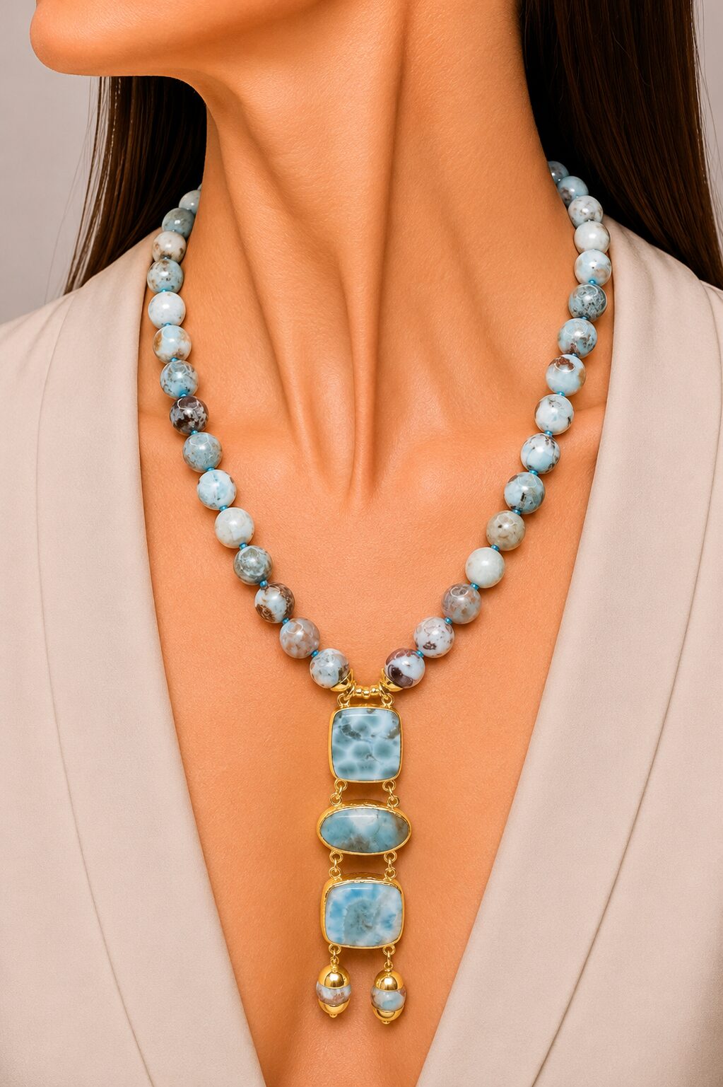 COLLANA ARTIGIANALE PREZIOSO LARIMAR ARGENTO 925 PLACCATO ORO