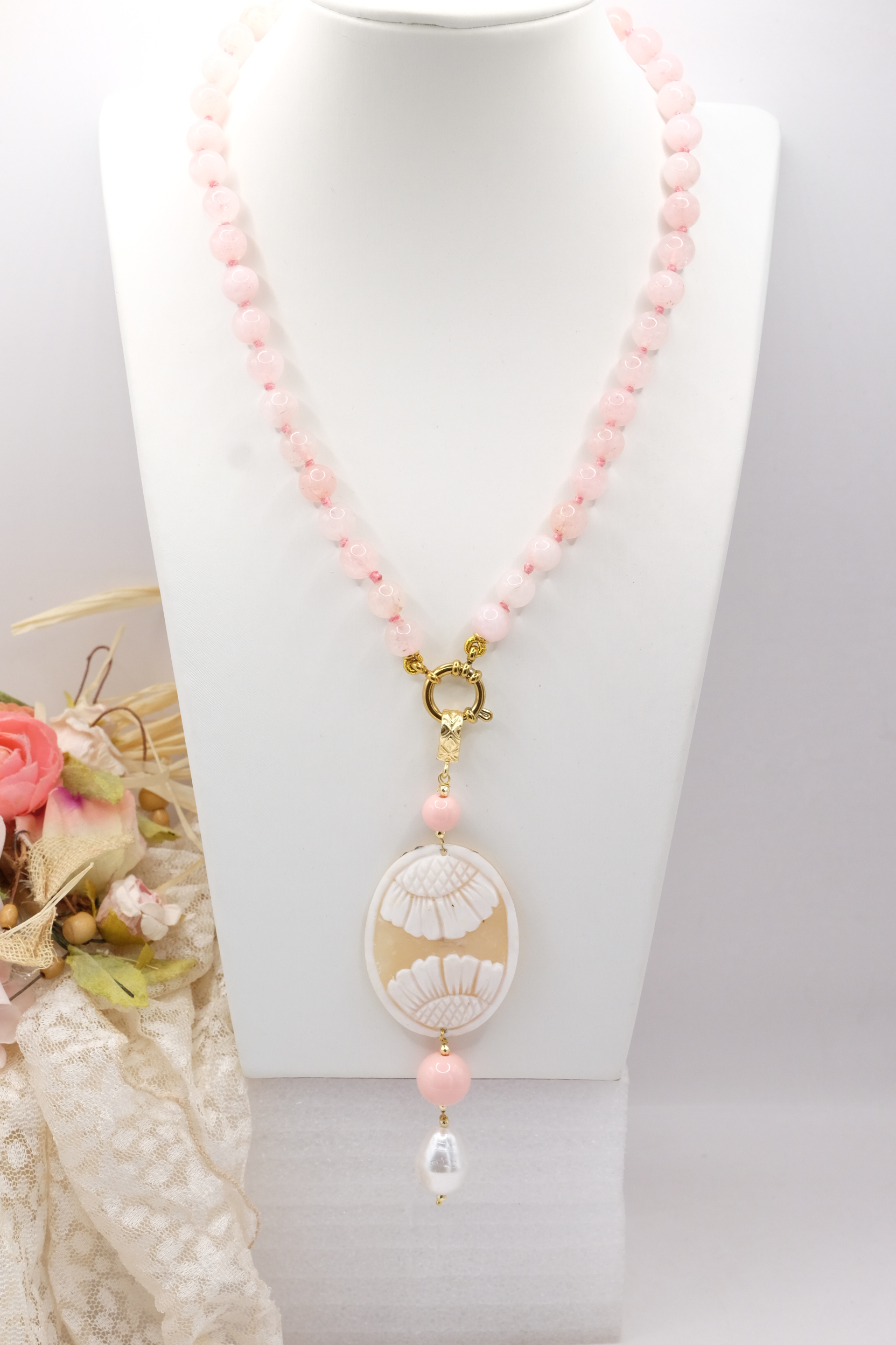 COLLANA ARTIGIANALE QUARZO ROSA CAMMEO GENUINO DI TORRE DEL GRECO PASTA DI CORALLO ROSA PERLA DI MAIORCA (1)