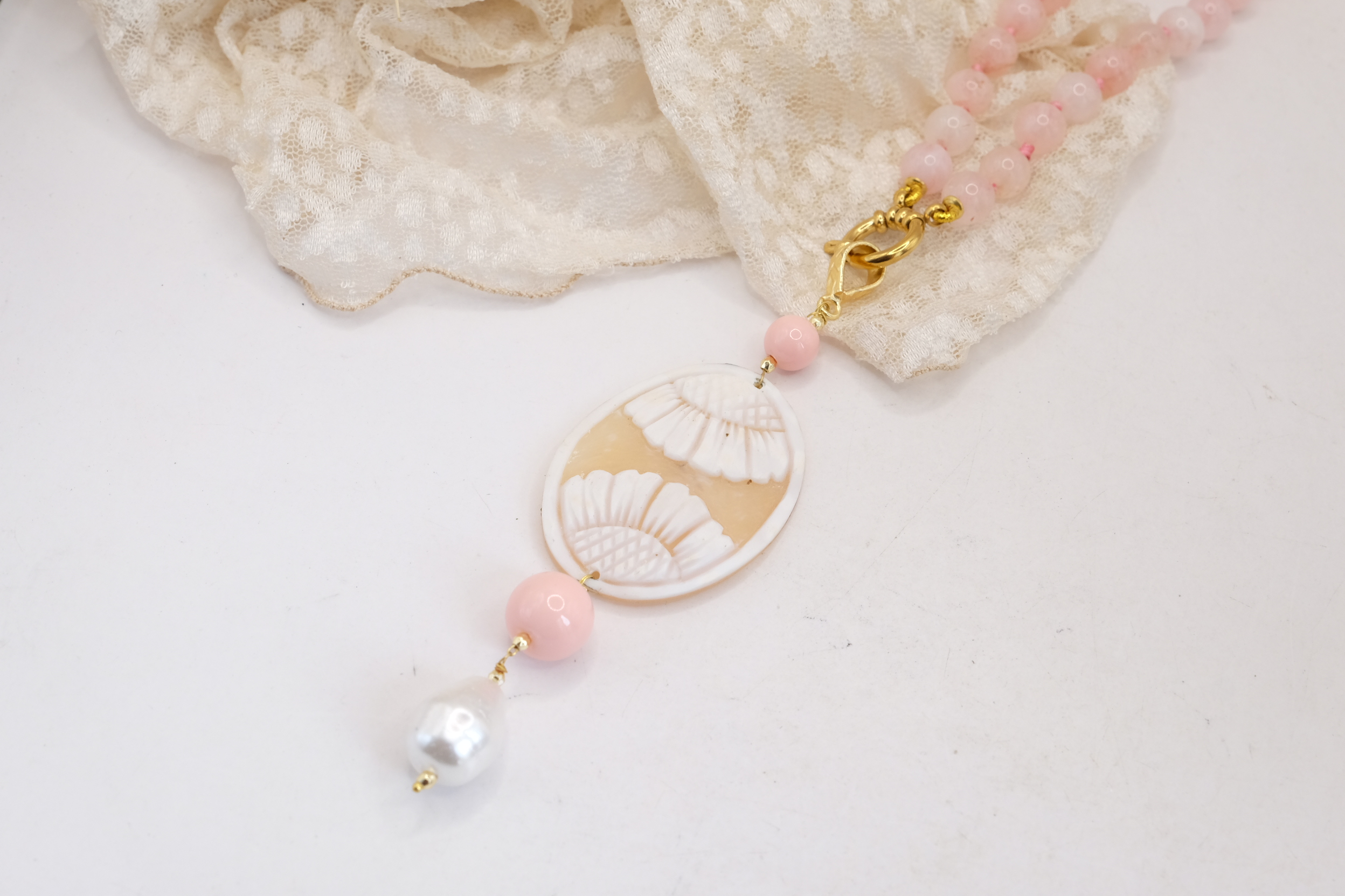 COLLANA ARTIGIANALE QUARZO ROSA CAMMEO GENUINO DI TORRE DEL GRECO PASTA DI CORALLO ROSA PERLA DI MAIORCA (2)