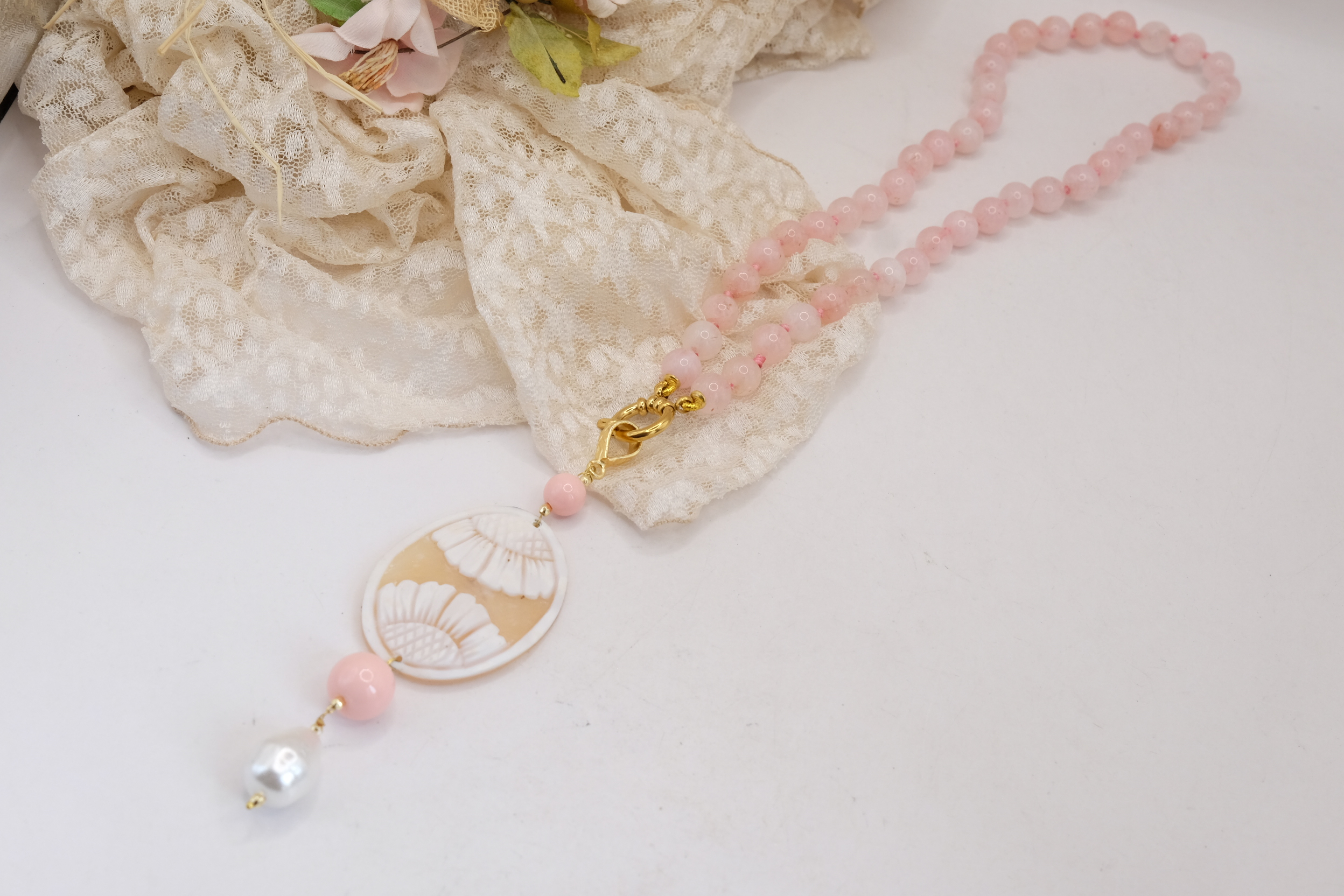 COLLANA ARTIGIANALE QUARZO ROSA CAMMEO GENUINO DI TORRE DEL GRECO PASTA DI CORALLO ROSA PERLA DI MAIORCA (3)