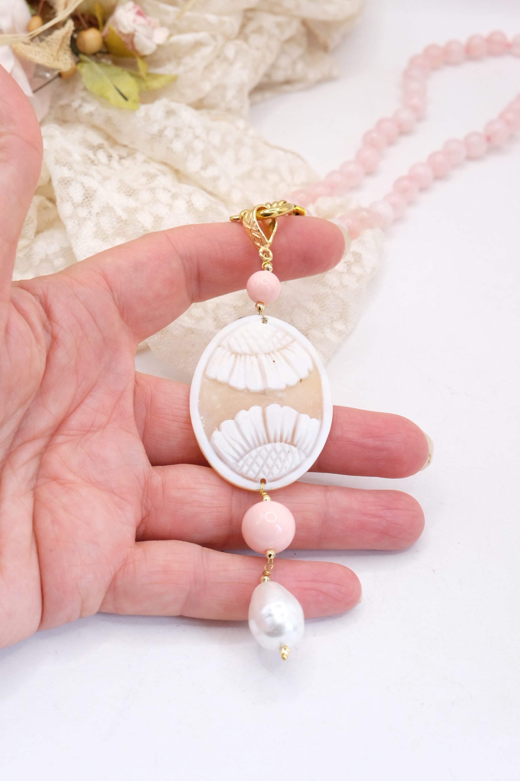 COLLANA ARTIGIANALE QUARZO ROSA CAMMEO GENUINO DI TORRE DEL GRECO PASTA DI CORALLO ROSA PERLA DI MAIORCA (4)