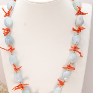 Collana Girocollo Aquamarina e Corallo Naturale Argento Dorato
