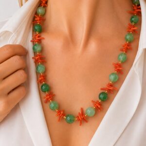 Collana Girocollo Fluorite e Corallo Naturale Argento 925
