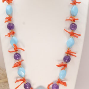 Collana Girocollo Pasta di Turchese Ametista e Corallo Naturale Rombi Argento