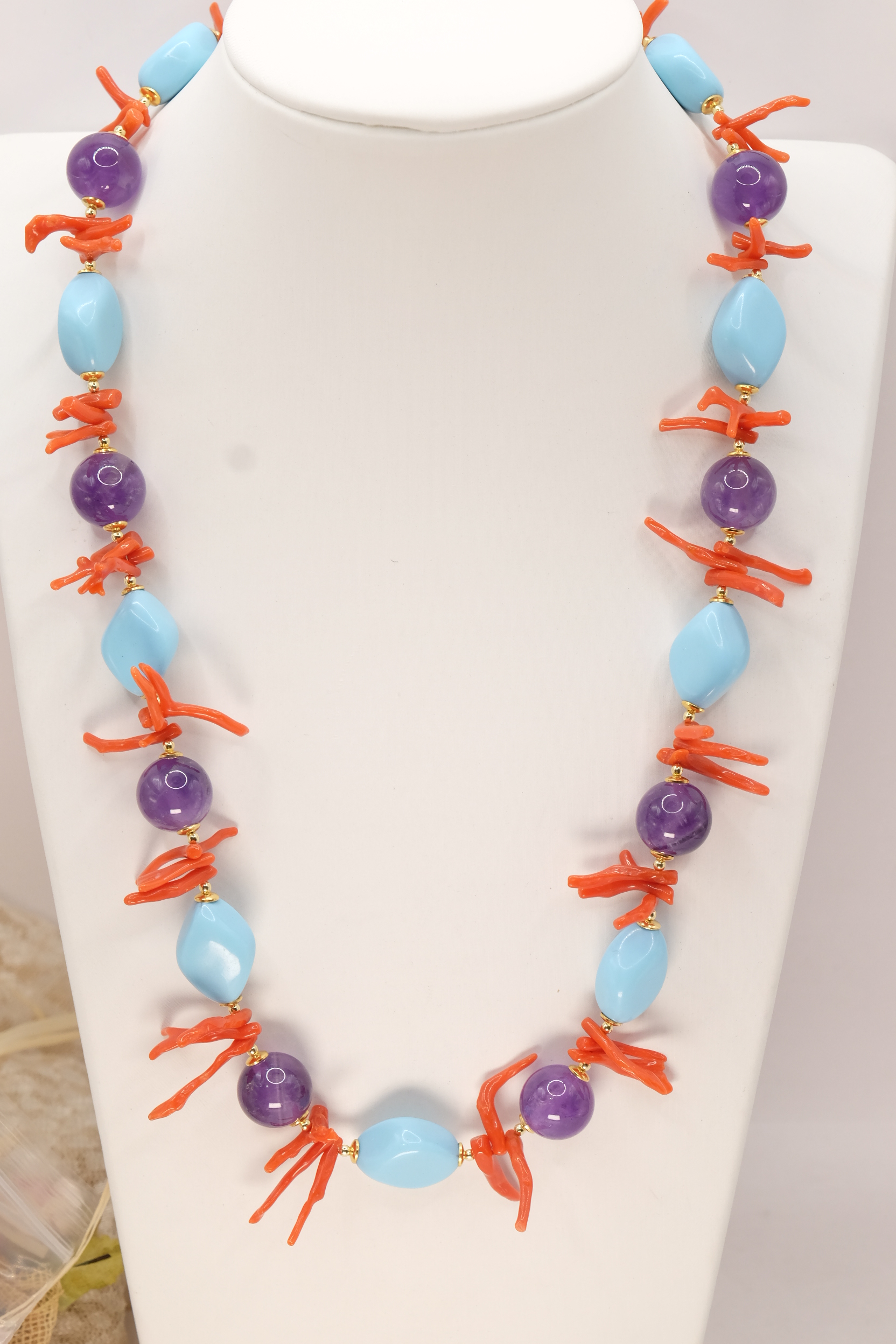 COLLANA ARTIGIANALE ROMBI PASTA DI TURCHESE RAMI CORALLO NATURALE DEL MEDITERRANEO AMETISTA ARGENTO DORATO (2)