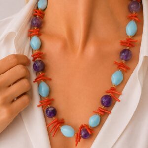 Collana Girocollo Pasta di Turchese Ametista e Corallo Naturale Rombi Argento