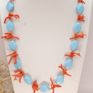Collana Girocollo Pasta di Turchese e Corallo Naturale Rombi Argento