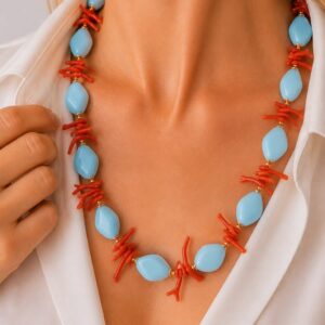 Collana Girocollo Pasta di Turchese e Corallo Naturale Rombi Argento
