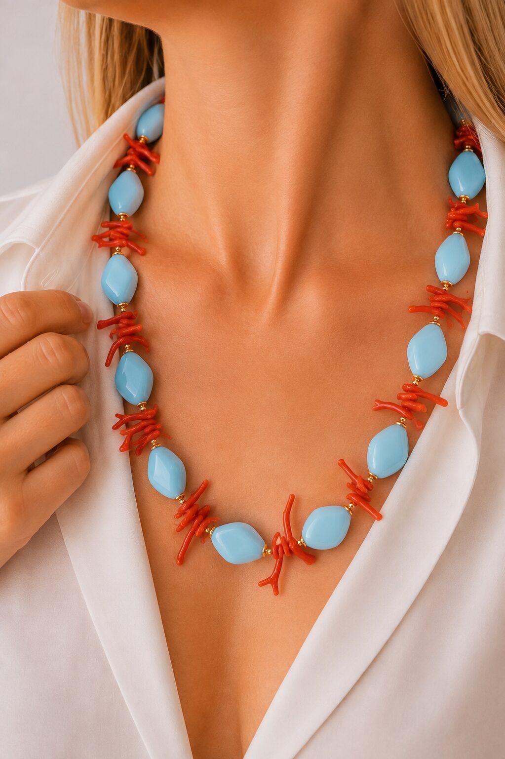 COLLANA ARTIGIANALE ROMBI PASTA DI TURCHESE RAMI CORALLO NATURALE DEL MEDITERRANEO ARGENTO DORATO