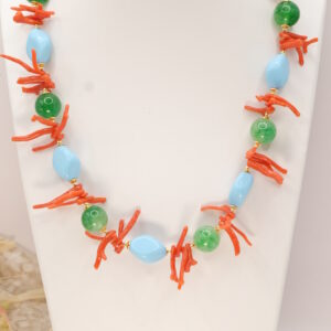 Collana Girocollo Pasta di Turchese Fluorite e Corallo Naturale Rombi Argento