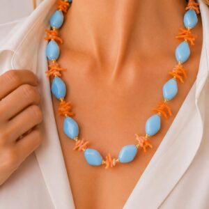 Collana Girocollo Pasta di Turchese e Corallo Rosa Naturale Rombi Argento