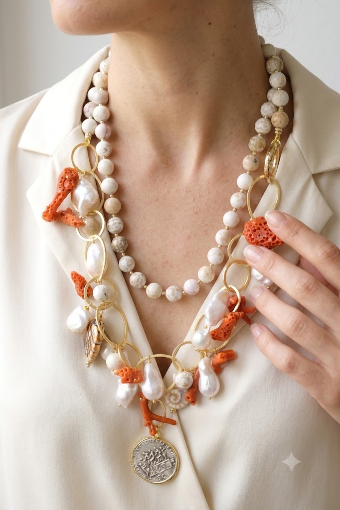HANDMADE NECKLACE SODALITE MEDITERRANEAN CORAL CALTAGIRONE CERAMIC 18 KT GOLD PLATED BRASS B