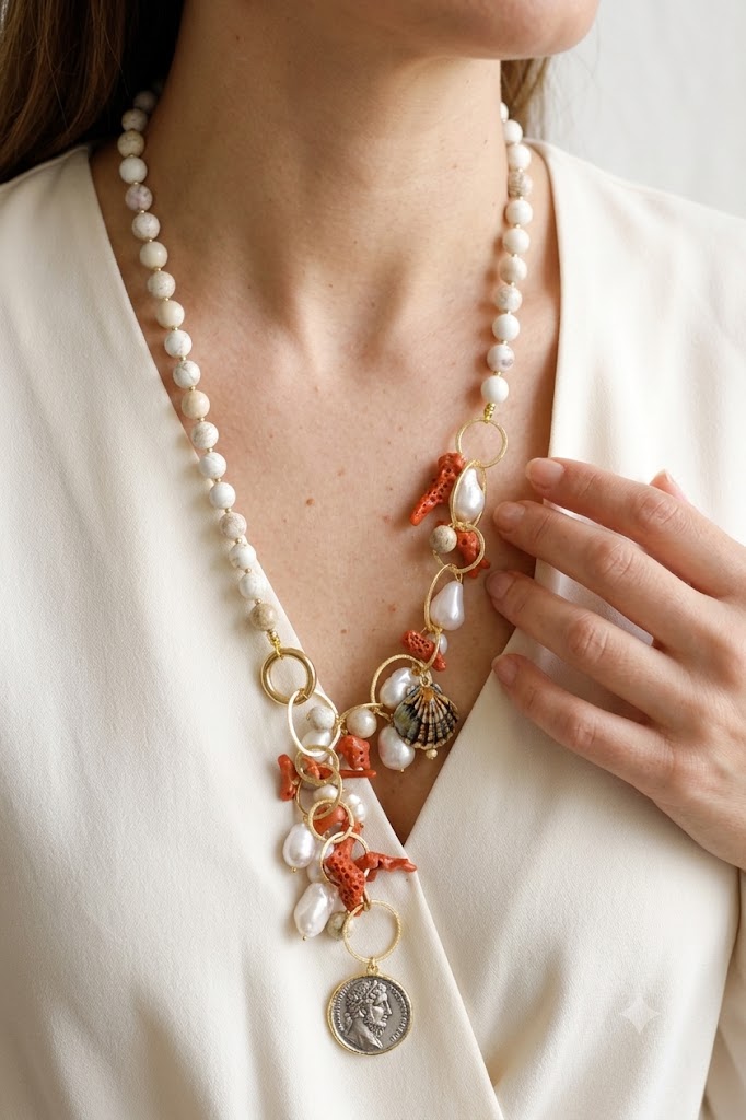 HANDMADE NECKLACE SODALITE MEDITERRANEAN CORAL CALTAGIRONE CERAMIC 18 KT GOLD PLATED BRASS C
