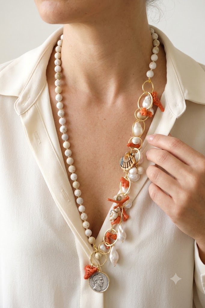 HANDMADE NECKLACE SODALITE MEDITERRANEAN CORAL CALTAGIRONE CERAMIC 18 KT GOLD PLATED BRASS