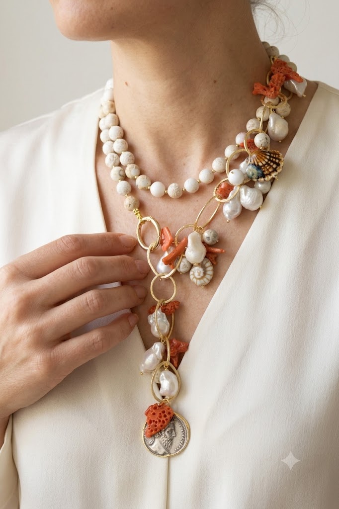 HANDMADE NECKLACE IN SODALITE, MEDITERRANEAN CORAL, CALTAGIRONE CERAMIC, 18 KT GOLD PLATED BRASS
