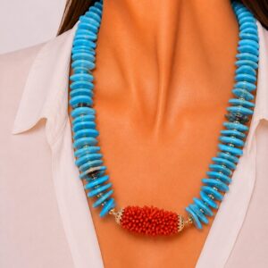 Collana Turchese Corallo Naturale Barilotto Tessito Argento Dorato