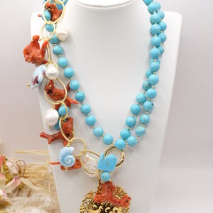 Collana Lunga Turchese Corallo Perle Ceramica Versatile