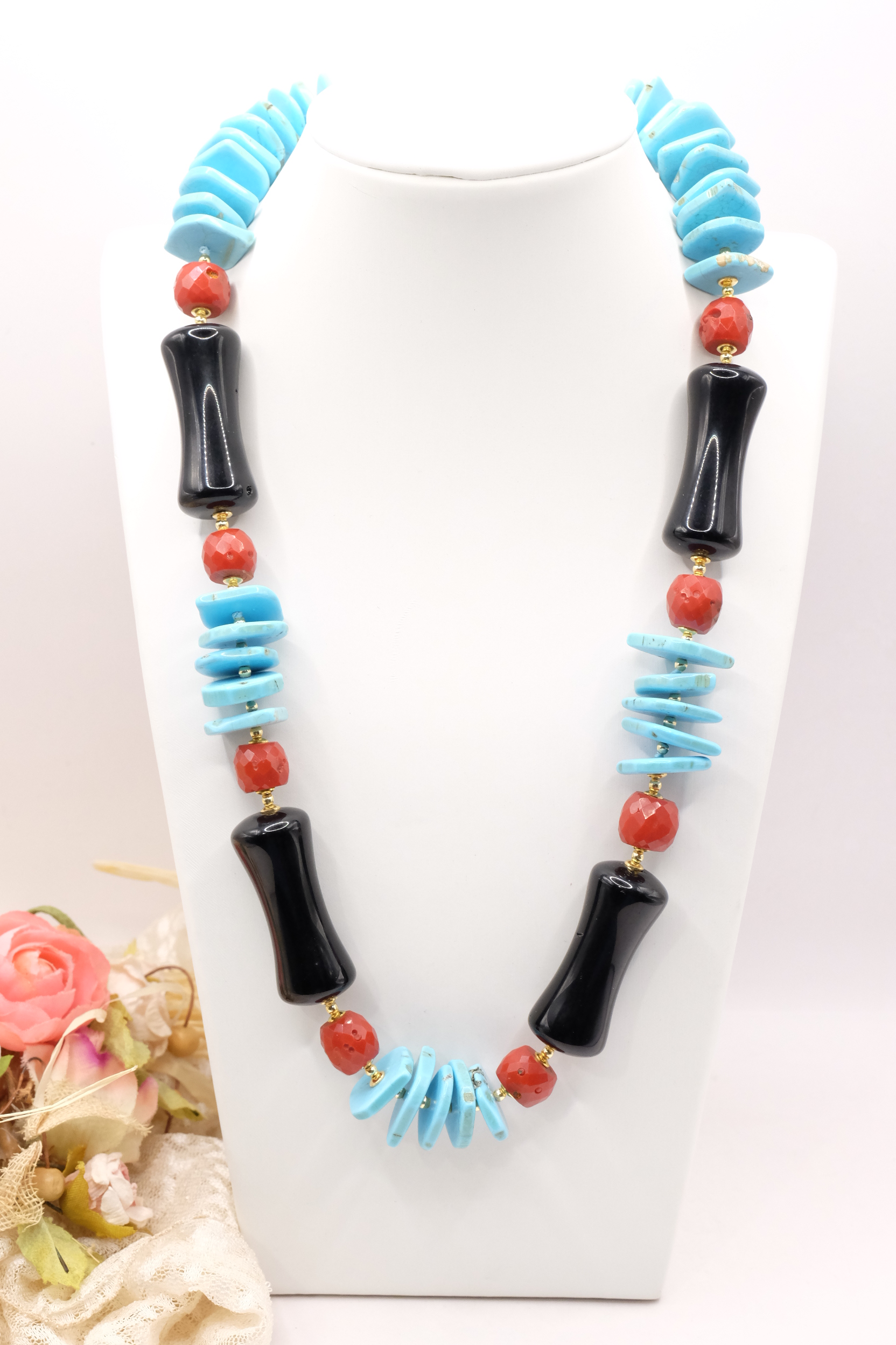 COLLANA ARTIGIANALE TURCHESE ONICE CORALLO ARGENTO (2)