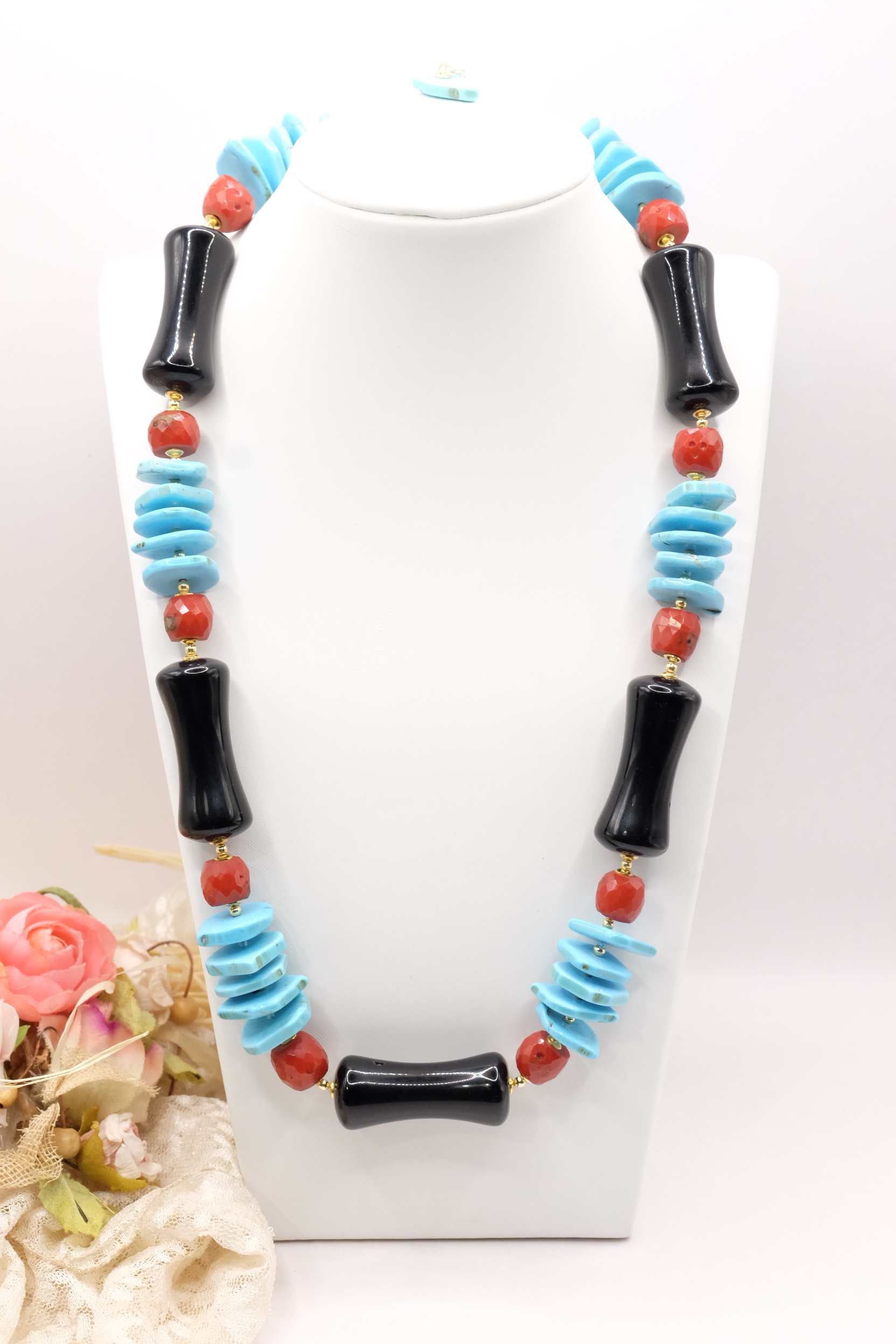 COLLANA ARTIGIANALE TURCHESE ONICE CORALLO ARGENTO (3)