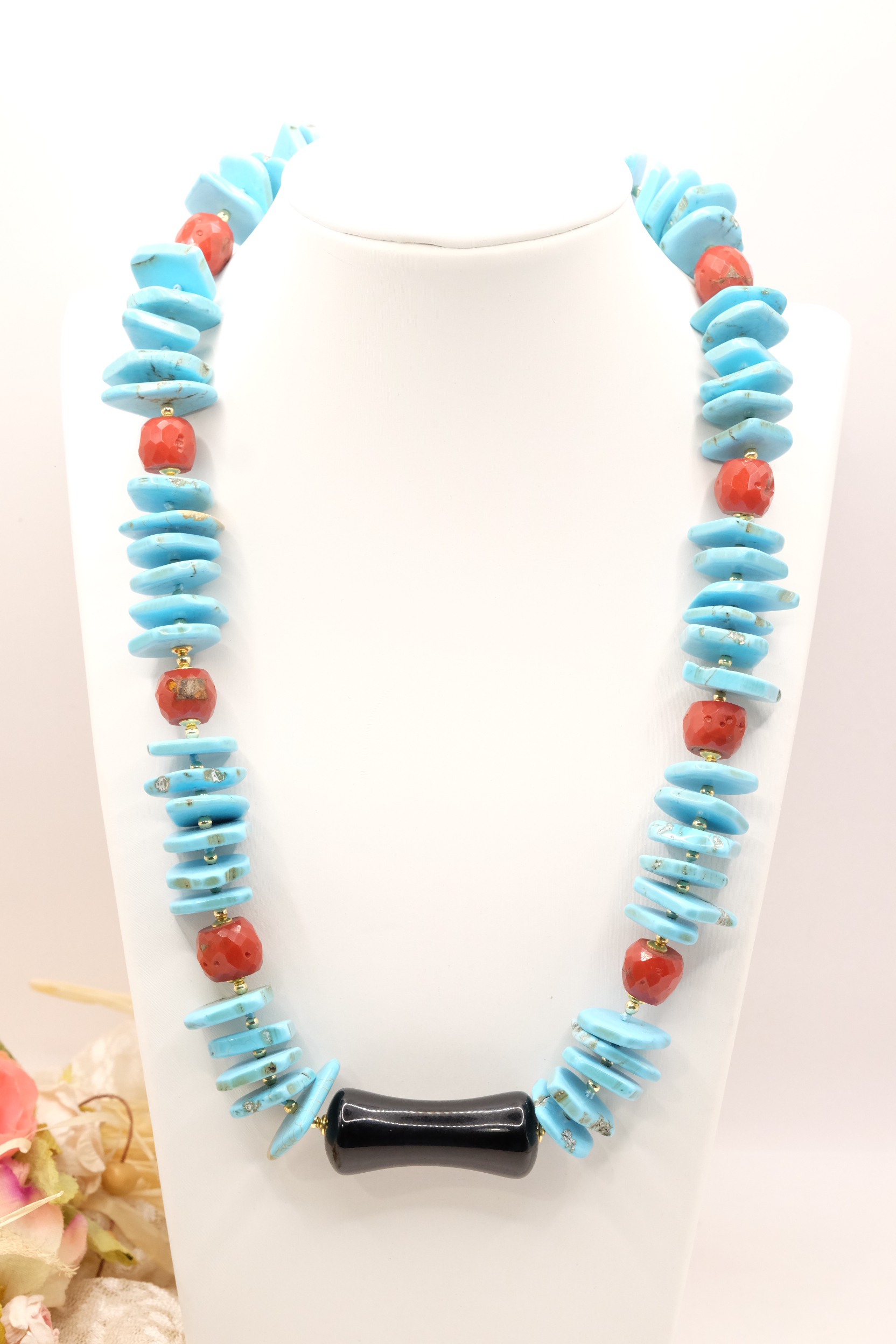 COLLANA ARTIGIANALE TURCHESE ONICE CORALLO ARGENTO (4)