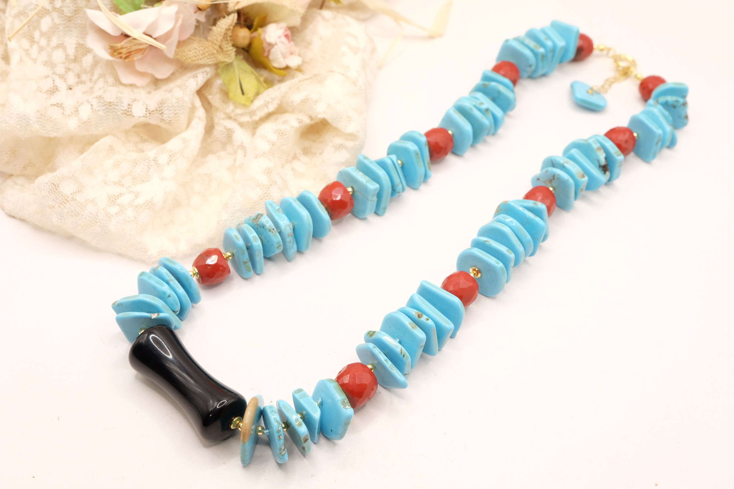 COLLANA ARTIGIANALE TURCHESE ONICE CORALLO ARGENTO (5)