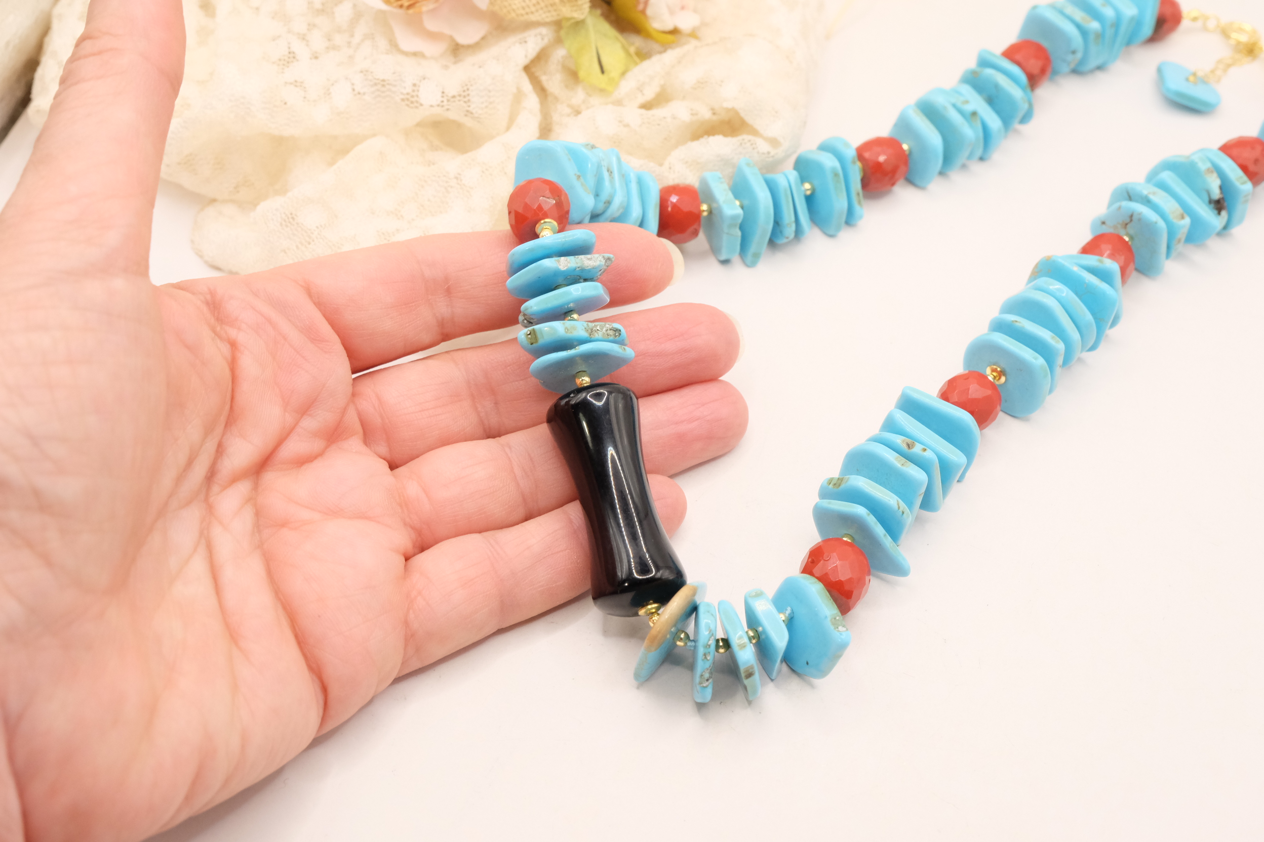 COLLANA ARTIGIANALE TURCHESE ONICE CORALLO ARGENTO (6)