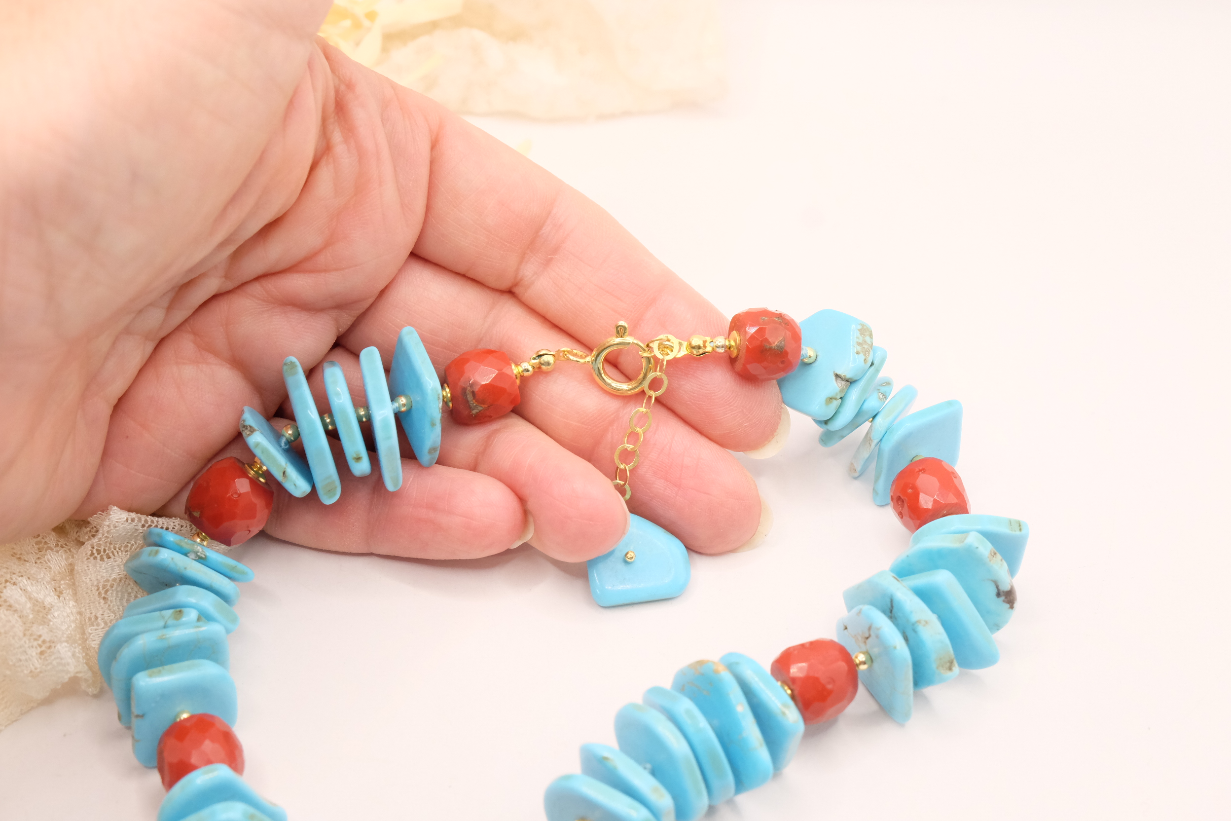 COLLANA ARTIGIANALE TURCHESE ONICE CORALLO ARGENTO (7)
