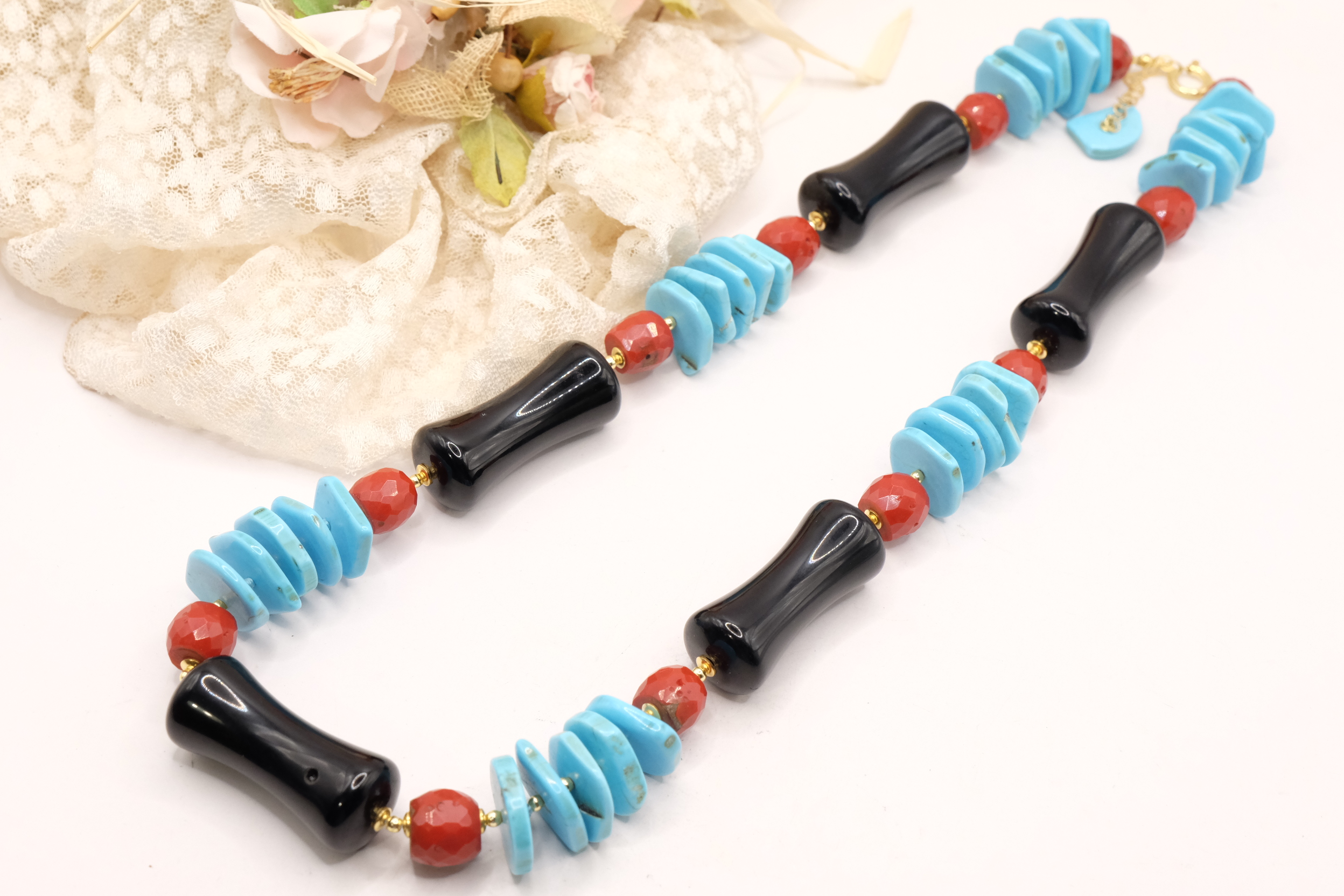COLLANA ARTIGIANALE TURCHESE ONICE CORALLO ARGENTO (8)