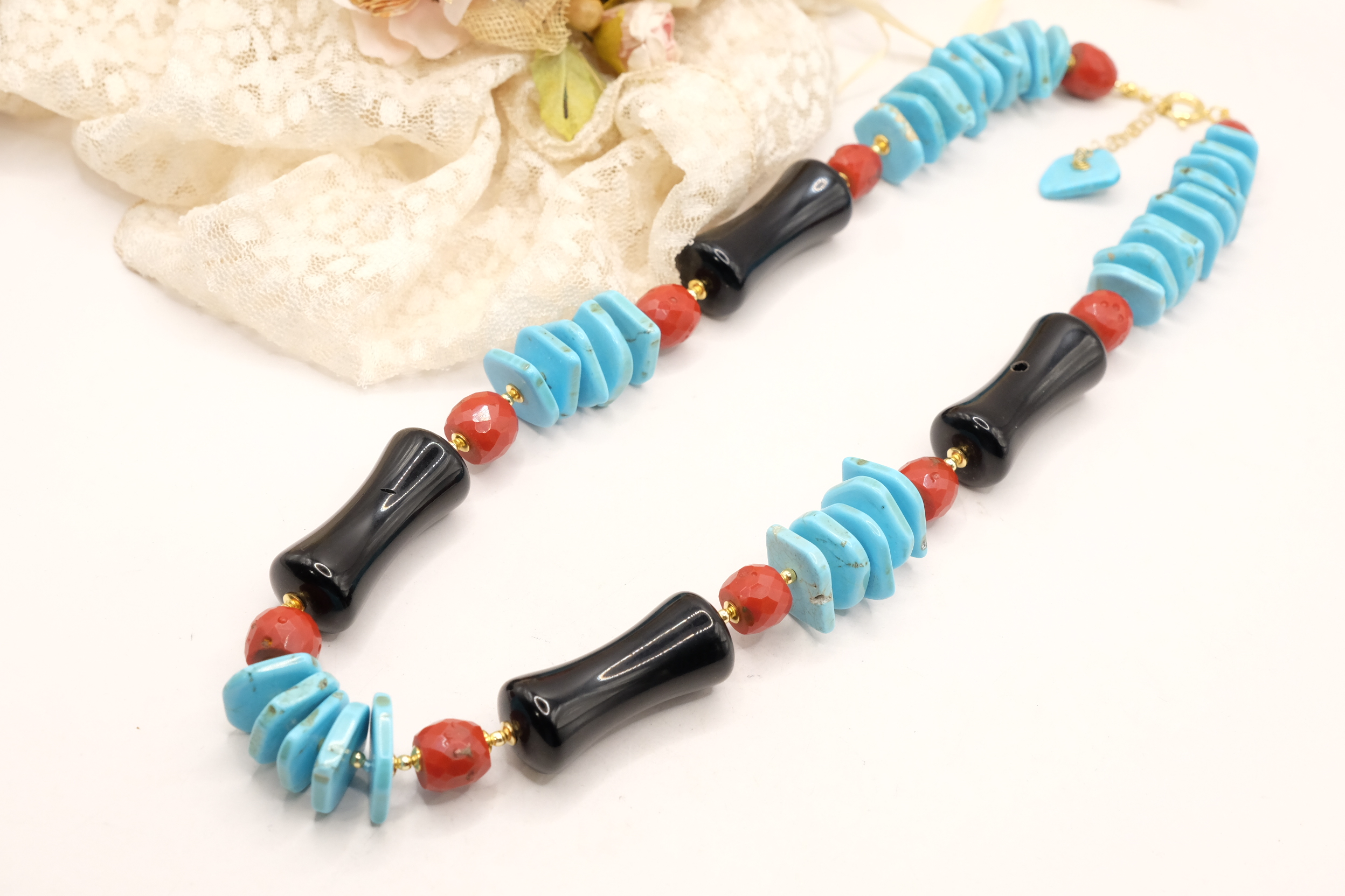 COLLANA ARTIGIANALE TURCHESE ONICE CORALLO ARGENTO (9)