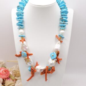 Collana Turchese Perle Corallo Naturale Argento Dorato