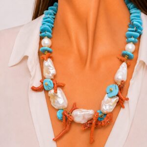 Collana Turchese Perle Corallo Naturale Argento Dorato