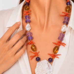 Collana Preziosa Cammeo Doppio Viso Corallo Ambra Cognac Corallo Perle