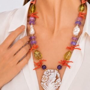 Collana Preziosa Cammeo Corallo Ambra Verde Corallo Mediterraneo Perle