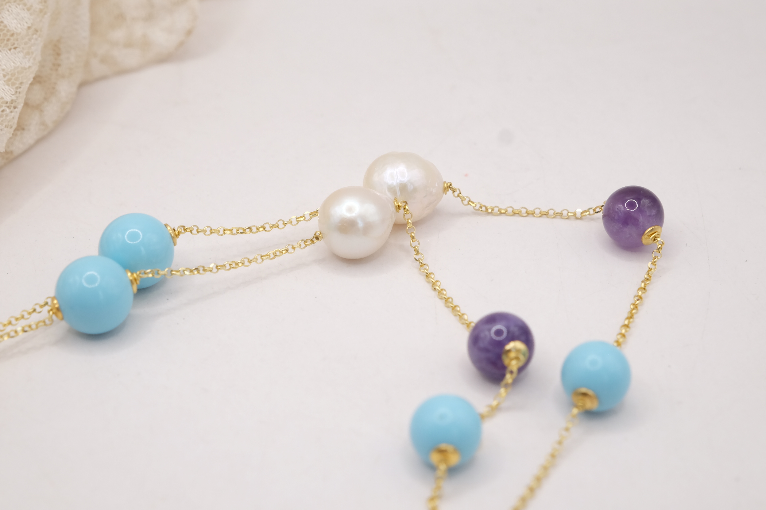 COLLANA CAMMEO IN CERAMICA FIORI PASTA DI TURCHESE AMETISTA PERLE ARGENTO 925 PLACCATO ORO (1)