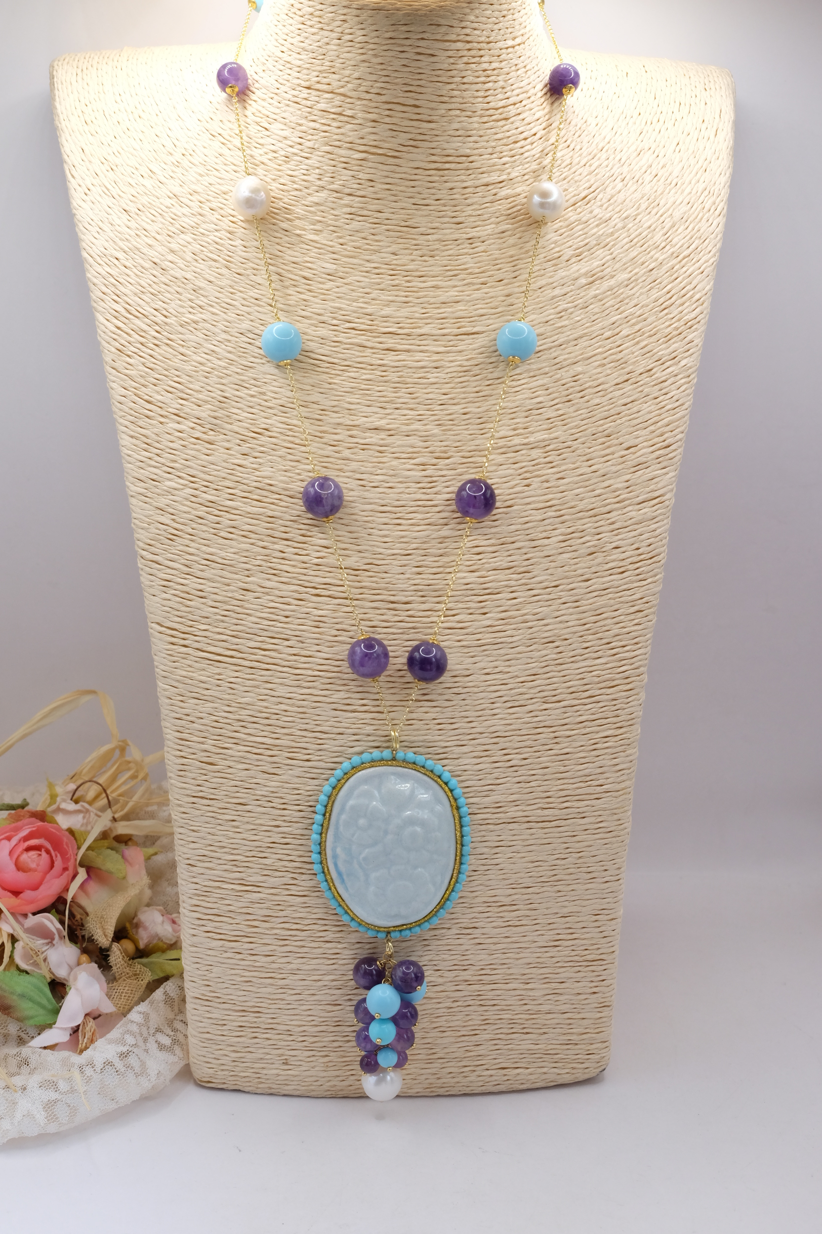 COLLANA CAMMEO IN CERAMICA FIORI PASTA DI TURCHESE AMETISTA PERLE ARGENTO 925 PLACCATO ORO (2)