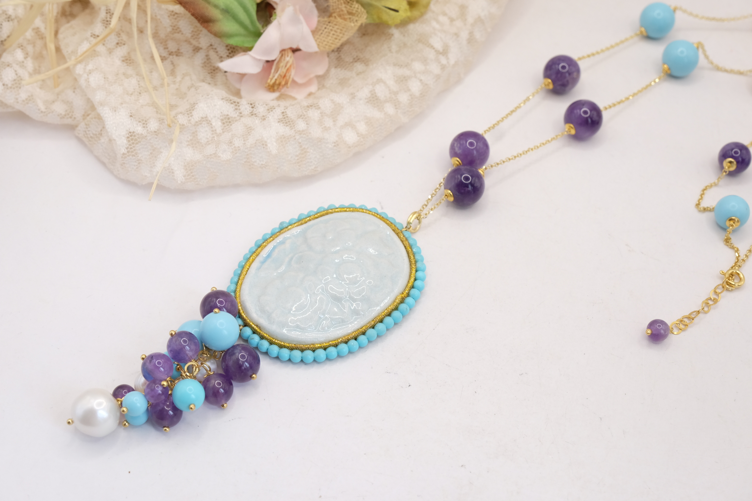 COLLANA CAMMEO IN CERAMICA FIORI PASTA DI TURCHESE AMETISTA PERLE ARGENTO 925 PLACCATO ORO (3)