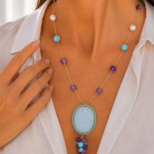 Collana Cammeo Ceramica di Caltagirone Pasta di Turchese Ametista Perle Argento