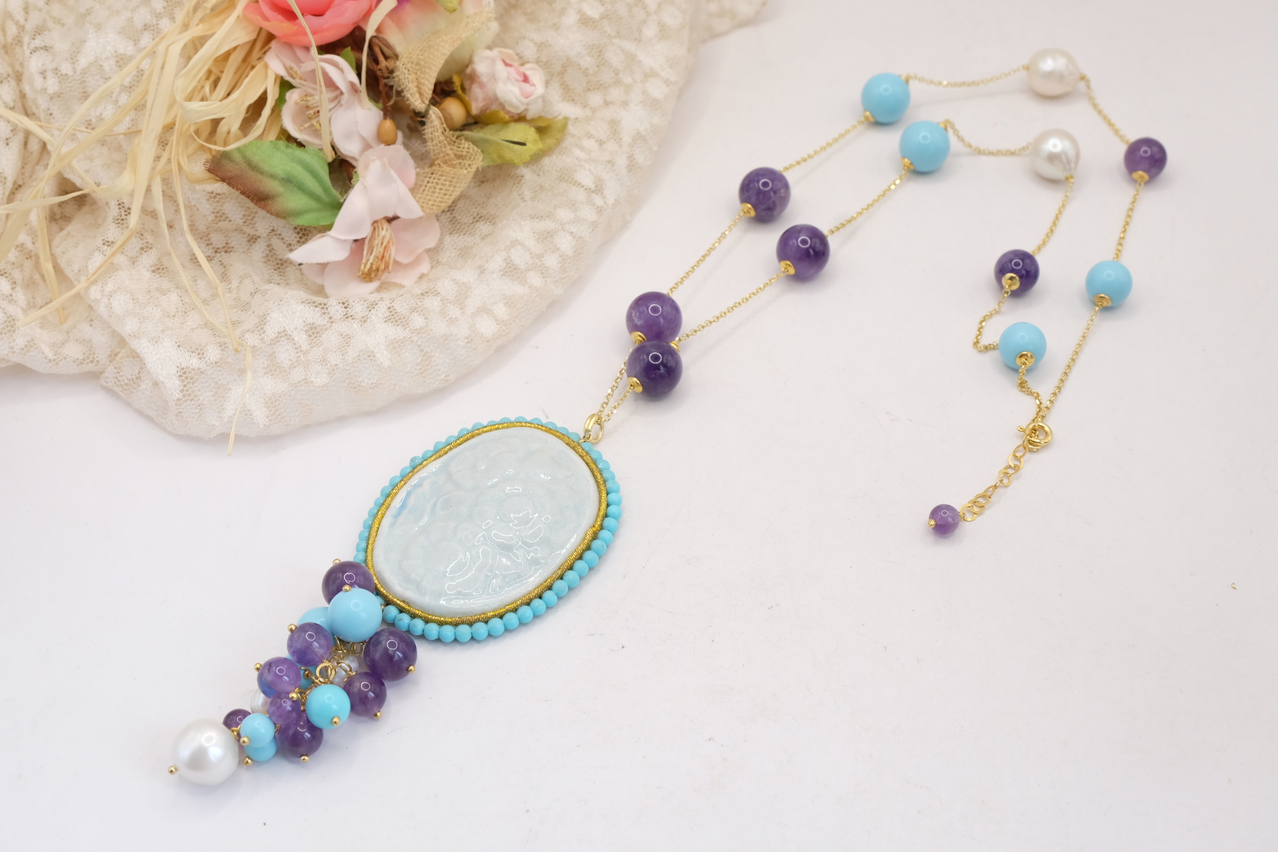 COLLANA CAMMEO IN CERAMICA FIORI PASTA DI TURCHESE AMETISTA PERLE ARGENTO 925 PLACCATO ORO (4)