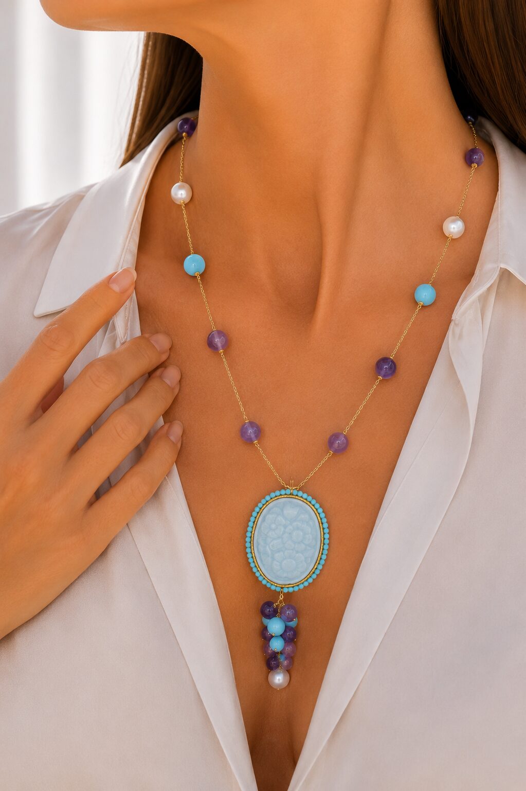 COLLANA CAMMEO IN CERAMICA FIORI PASTA DI TURCHESE AMETISTA PERLE ARGENTO 925 PLACCATO ORO
