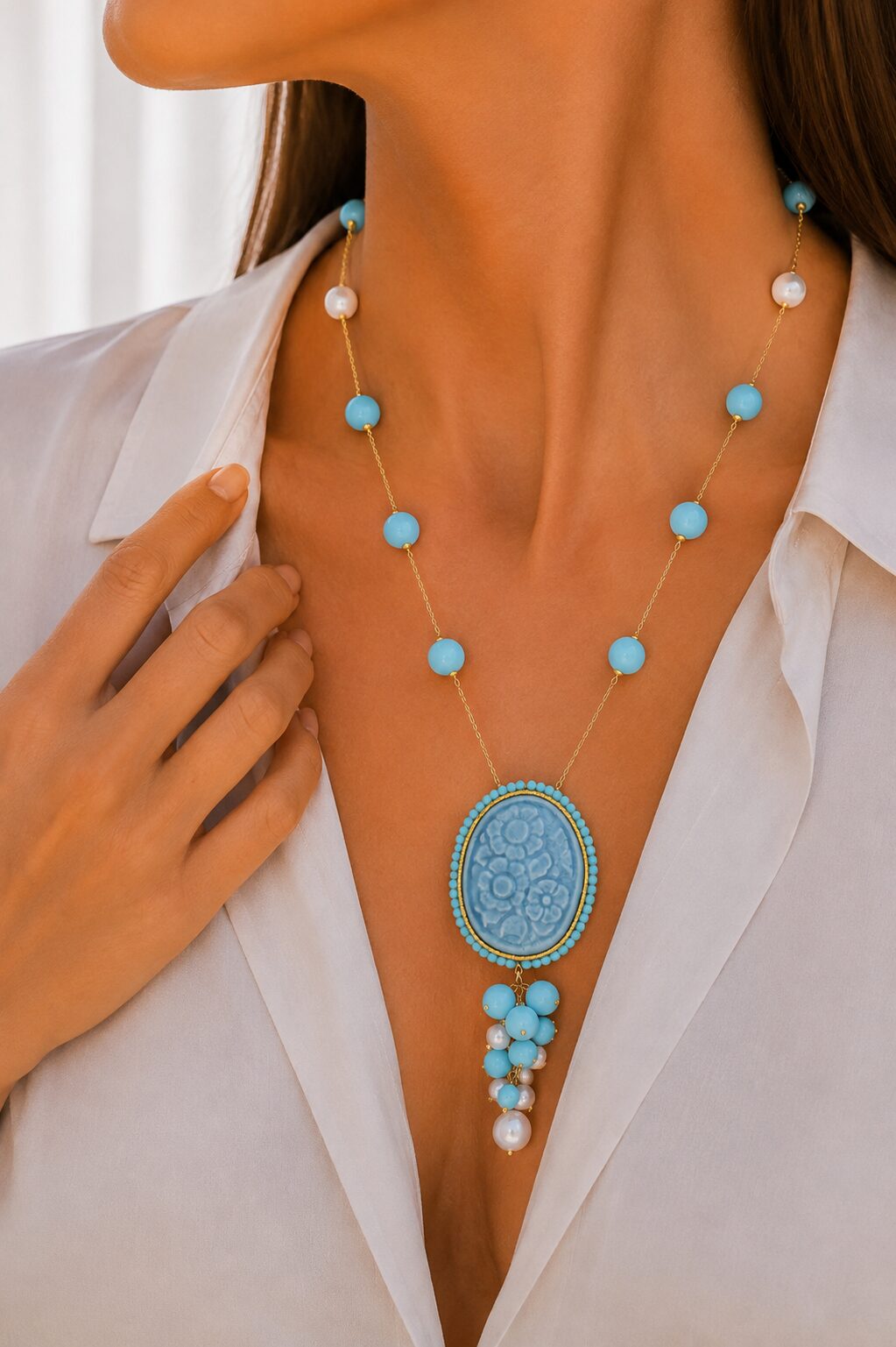 CERAMIC CAMEO NECKLACE WITH TURQUOISE PASTE FLOWERS AND PEARLS IN 925 GOLD-PLATED SILVER