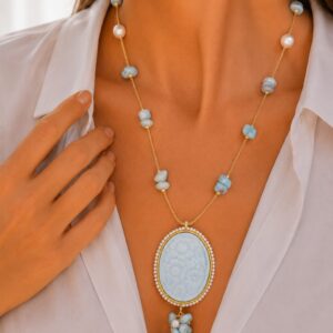 Collana Cammeo Ceramica di Caltagirone Larimar Perle Argento Fiori