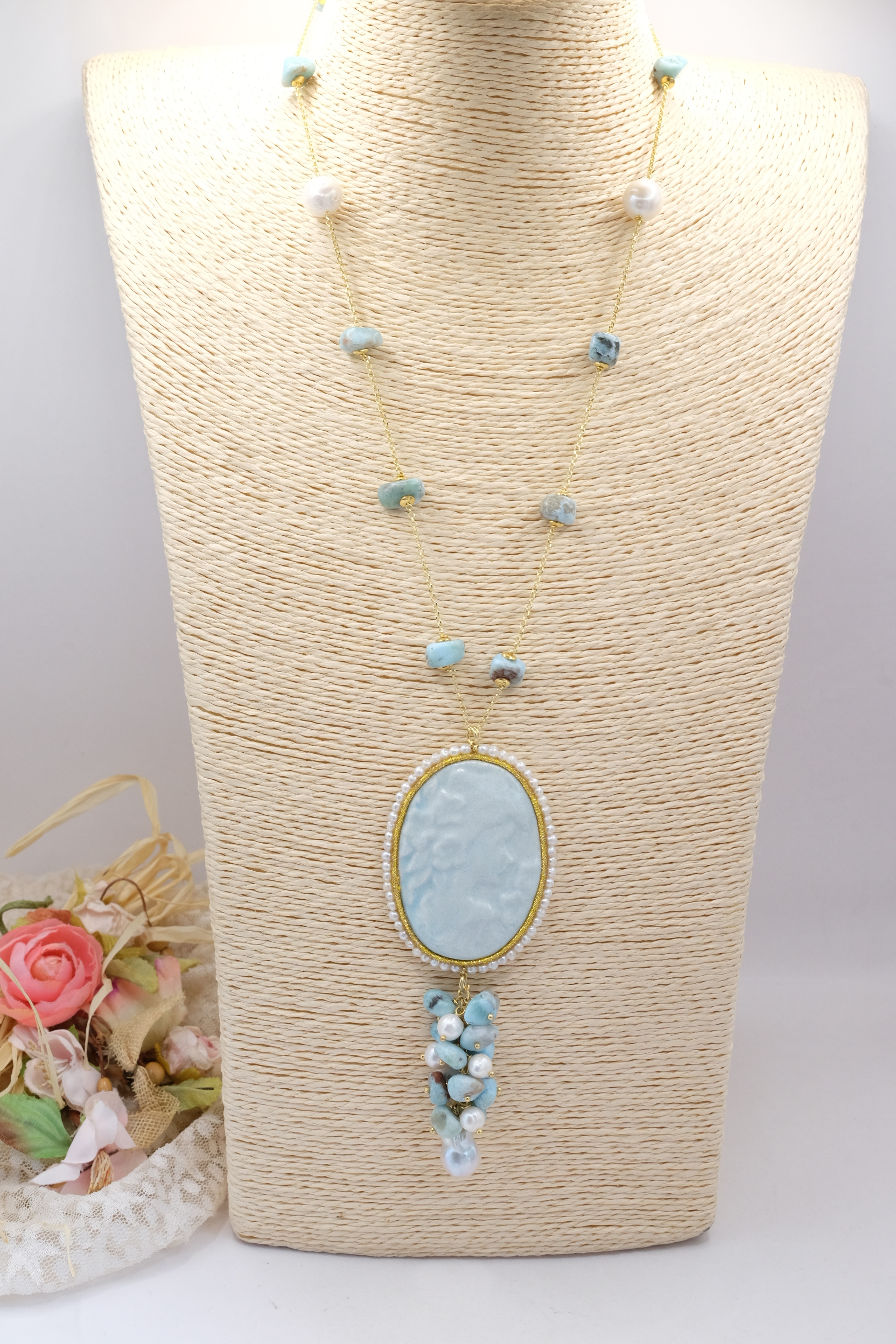 COLLANA CAMMEO IN CERAMICA VOLTO DI DONNA PREZIOSO LARIMAR PERLE ARGENTO 925 PLACCATO ORO (1)