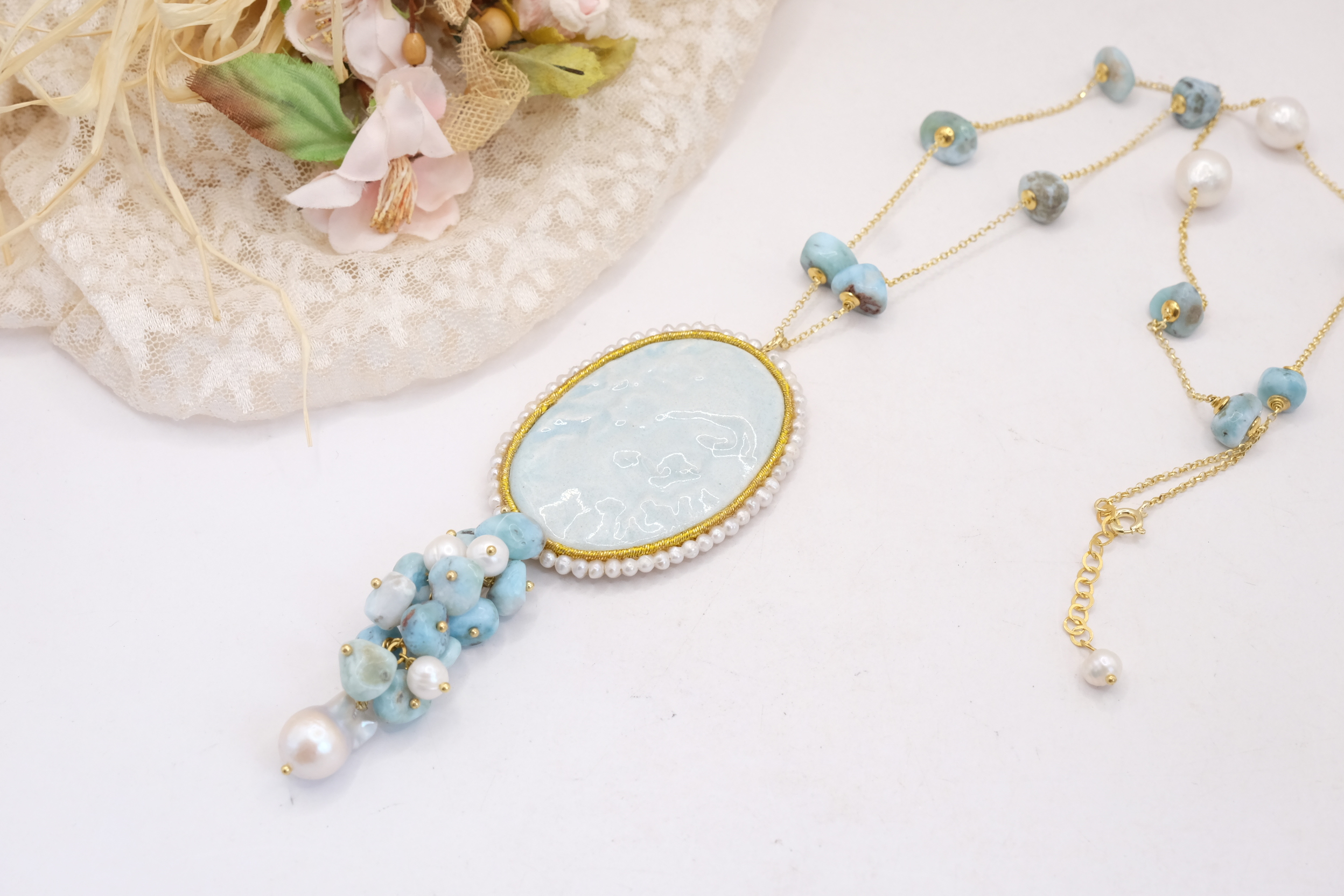 COLLANA CAMMEO IN CERAMICA VOLTO DI DONNA PREZIOSO LARIMAR PERLE ARGENTO 925 PLACCATO ORO (2)