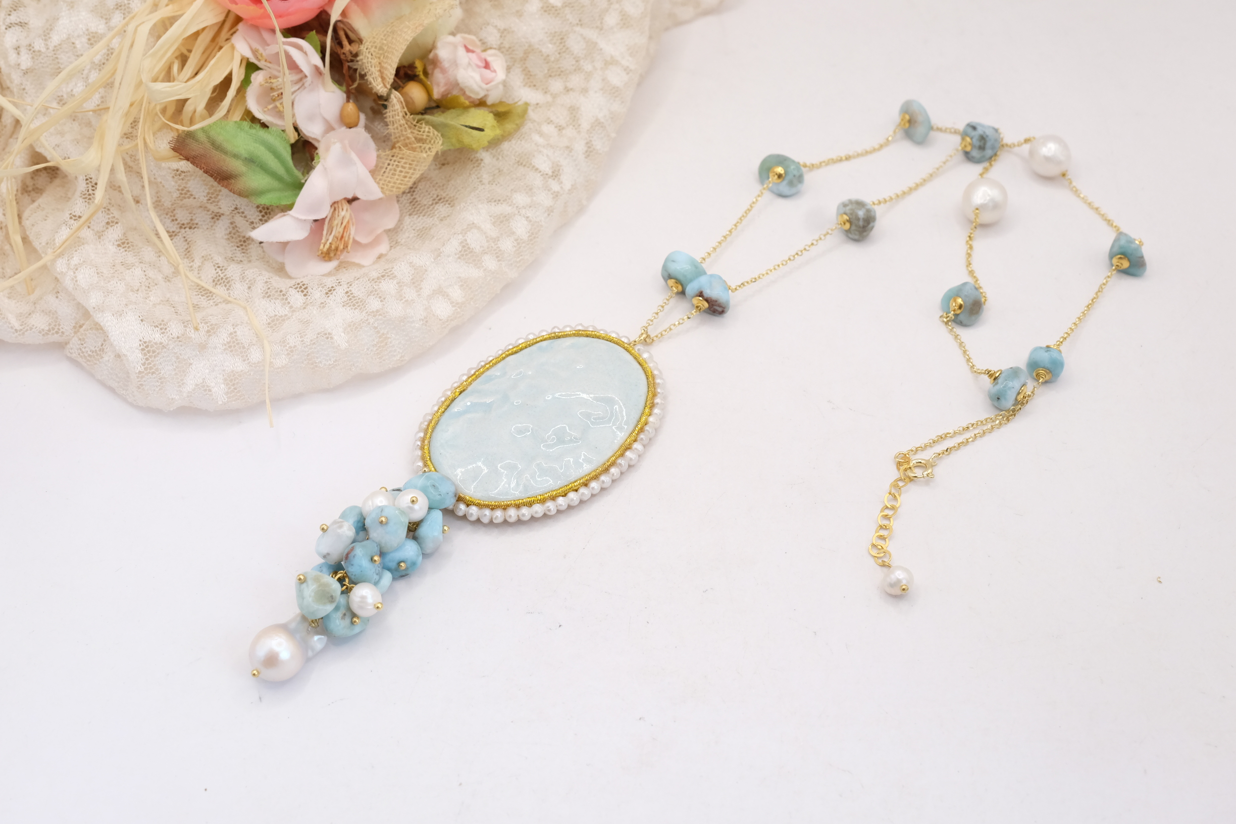 COLLANA CAMMEO IN CERAMICA VOLTO DI DONNA PREZIOSO LARIMAR PERLE ARGENTO 925 PLACCATO ORO (3)