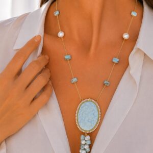 Collana Cammeo Ceramica di Caltagirone Larimar Perle Argento