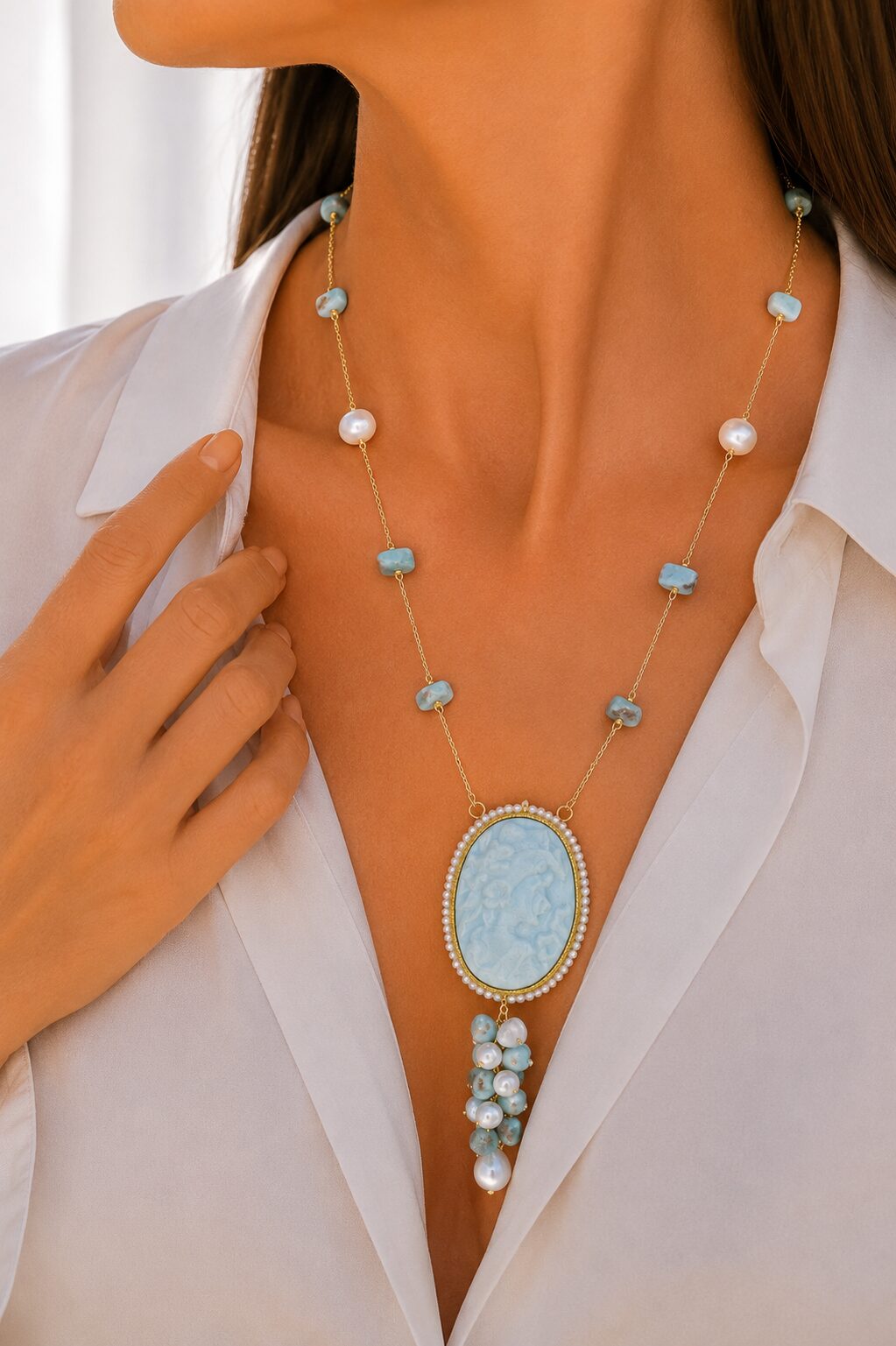 COLLANA CAMMEO IN CERAMICA VOLTO DI DONNA PREZIOSO LARIMAR PERLE ARGENTO 925 PLACCATO ORO