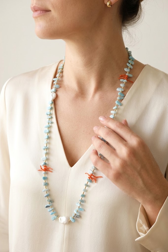 COLLANA CHARLESTON CHANEL PREZIOSO LARIMAR CORALLO E PERLE NATURALI