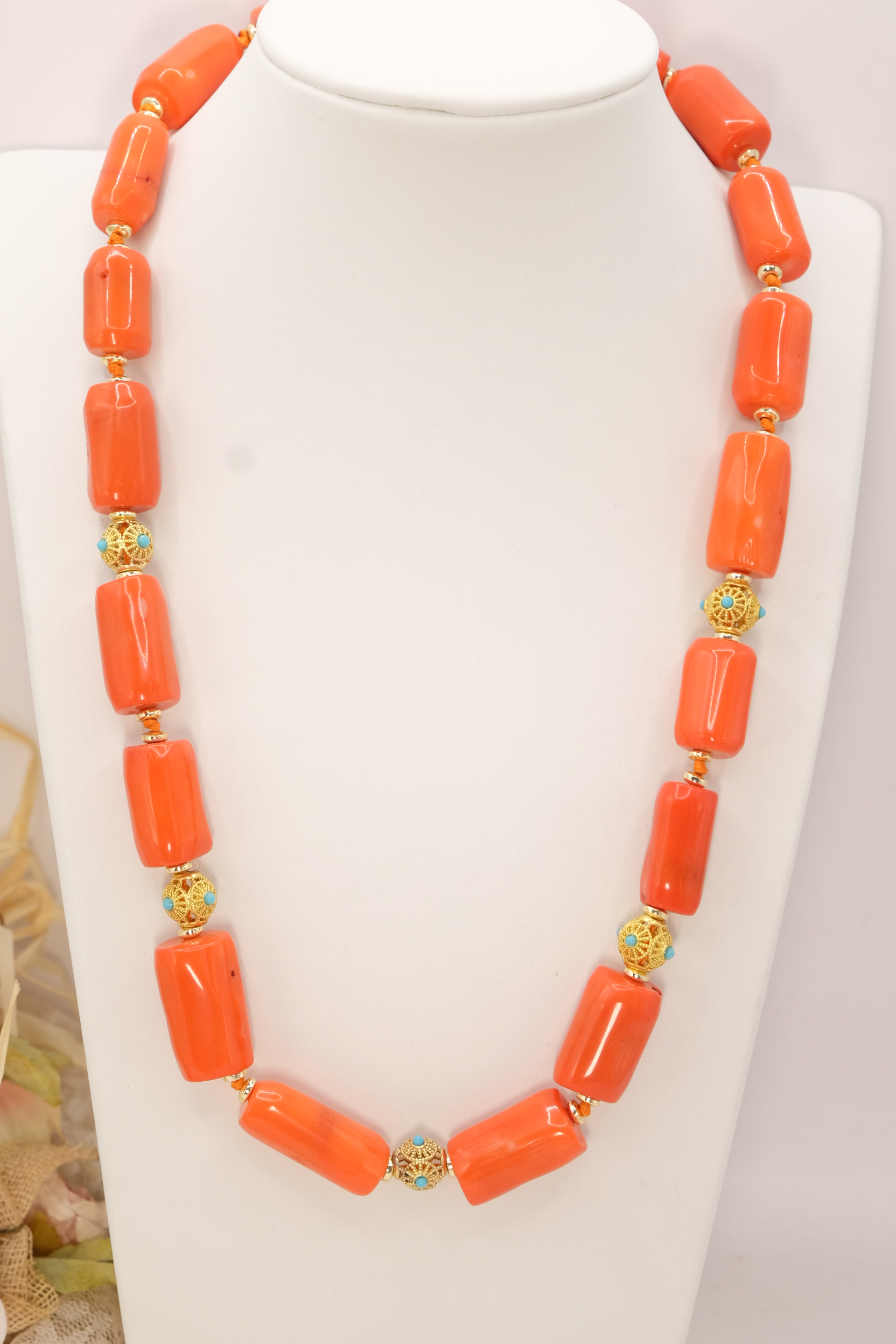 COLLANA CORALLO BAMBOO COLORE SCIACCA FILIGRANE OTTONE TURCHESE ACCIAIO (2)