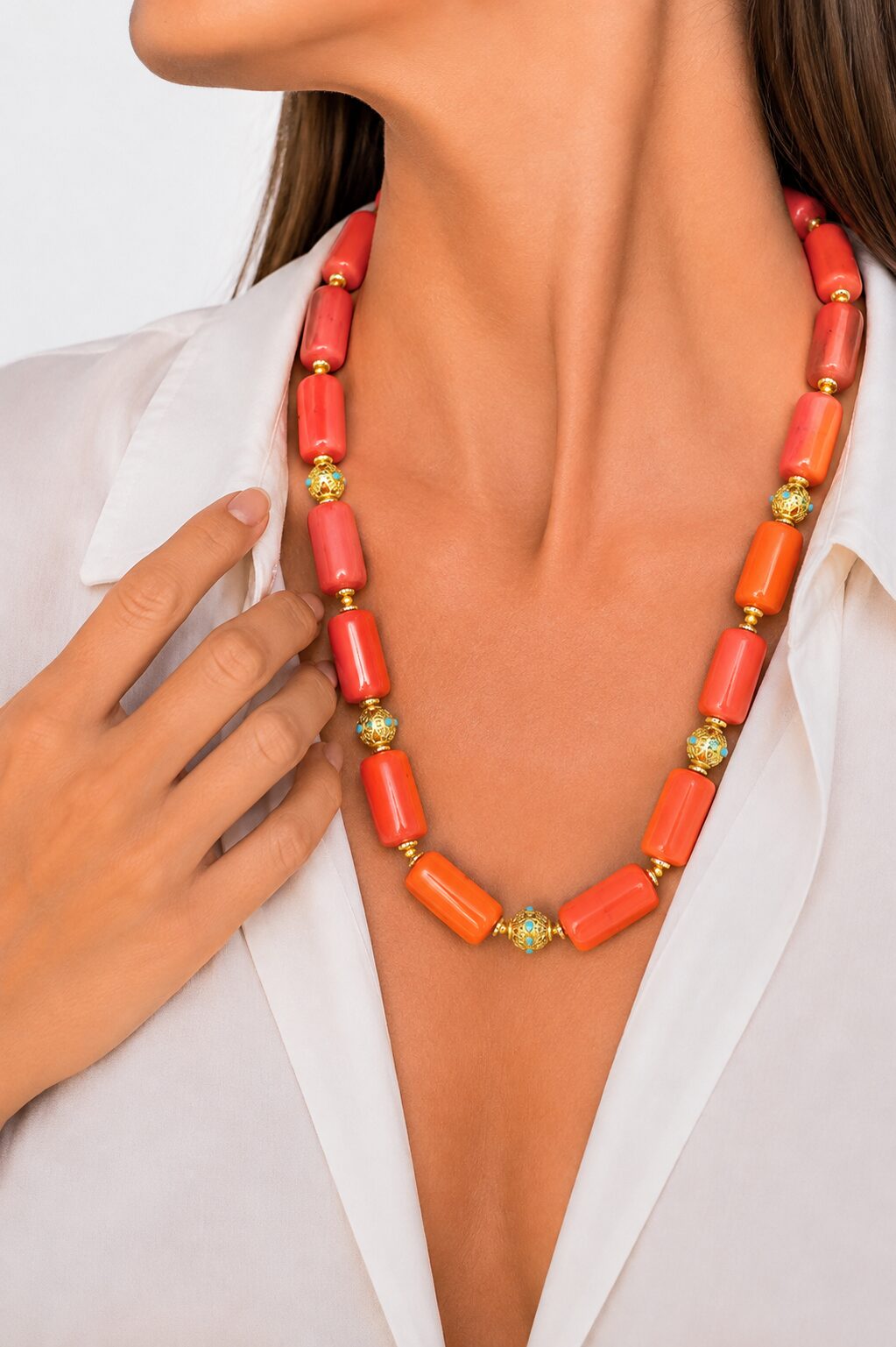 COLLANA CORALLO BAMBOO COLORE SCIACCA FILIGRANE OTTONE TURCHESE ACCIAIO B