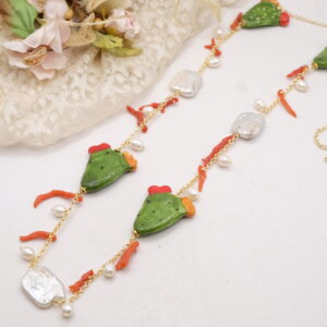 Collana Decoltè Ficodindia Ceramica Caltagirone Perle Corallo